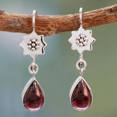 Garnet dangle earrings, 'Starstruck Love' - Garnet Earrings Artisan Crafted Silver Jewelry