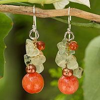 Cultured pearl and carnelian cluster earrings, 'Spicy Peach' - Handcrafted Pearl Carnelian Prehnite Cluster Earrings