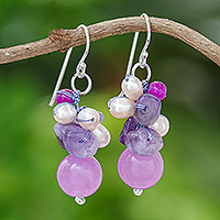 Cultured Pearl and amethyst cluster earrings, 'Sweet Lavender' - Handcrafted Pearl Amethyst Quartz Cluster Earrings