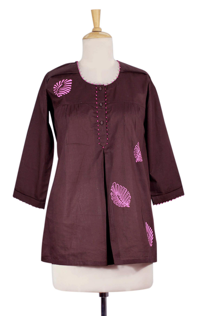 Beaded cotton tunic, 'Coffee Rose' - Artisan Crafted Cotton Embellished Solid Tunic Top
