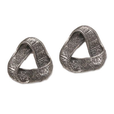 Sterling silver button earrings, 'Infinite Songket' - Cultural Sterling Silver Button Earrings from Bali