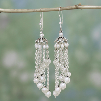 Cultured pearl chandelier earrings, 'Rainshower' - Cultured Pearl Waterfall Earrings in Sterling Silver