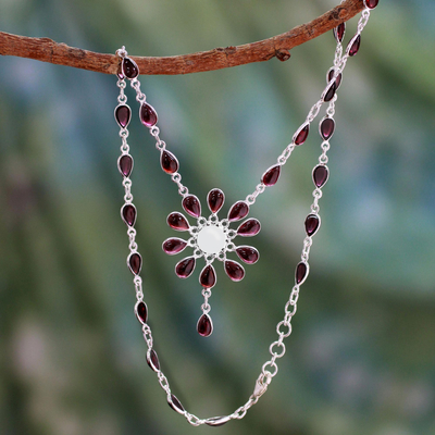 Garnet Y-necklace, 'Crimson Jubilee' - Garnet Floral Necklace from India