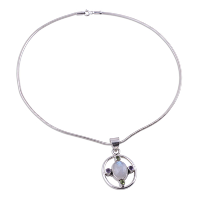 Rainbow moonstone and amethyst pendant necklace, 'Orbit' - Rainbow Moonstone Amethyst and Peridot Necklace