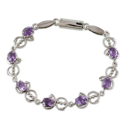 Amethyst link bracelet, 'Song of Joy' - Unique Sterling Silver and Amethyst Bracelet