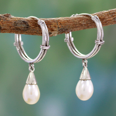 Aretes de perlas cultivadas - Pendientes de aro de plata de ley con perlas de joyería de la India