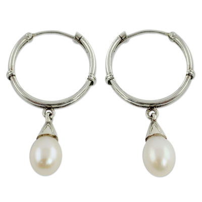 Cultured pearl hoop earrings, 'Ramayana Diva' - Pearl on Sterling Silver Hoop Earrings from India Jewelry