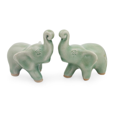 Celadon ceramic figurines, 'Lucky Green Elephants' (pair) - 2 Green Celadon Ceramic Handcrafted Lucky Elephant Figurines