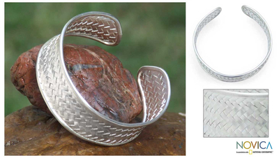 Silver cuff bracelet, 'Bamboo' - 950 Silver Woven Cuff Bracelet