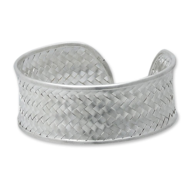 Silver cuff bracelet, 'Bamboo' - 950 Silver Woven Cuff Bracelet