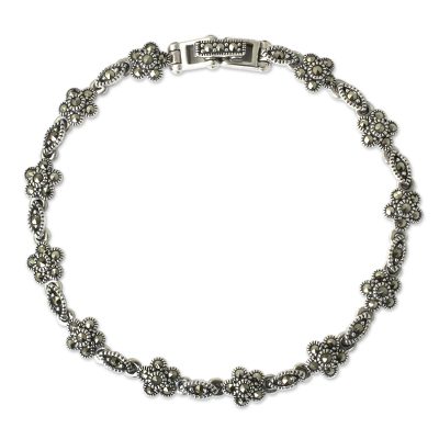 Marcasite link bracelet, 'Daisy Garland' - Unique Marcasite and Sterling Silver Floral Link Bracelet