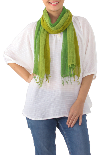Silk scarf, 'Sour Candy' - Artisan Handwoven Fringed Green Silk Scarf from Thailand