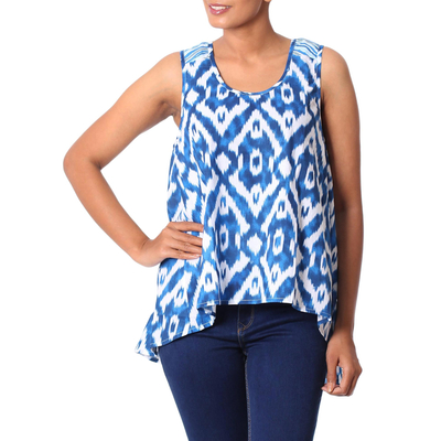 Cotton tank top, 'Abstract Blues' - Women's Blue and White Cotton High Low Tank Top from India