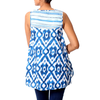 Camiseta sin mangas de algodón - Camiseta sin mangas alta y baja de algodón azul y blanco para mujer de la India