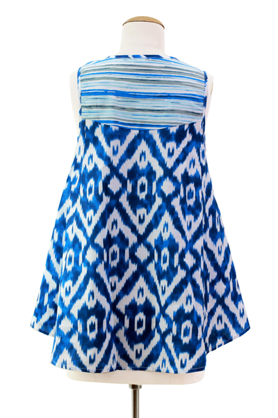 Cotton tank top, 'Abstract Blues' - Women's Blue and White Cotton High Low Tank Top from India