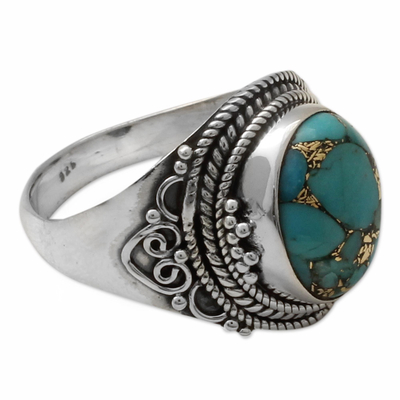 Sterling silver cocktail ring, 'Golden Greeting' - Sterling Silver Fair Trade Ring with Composite Turquoise