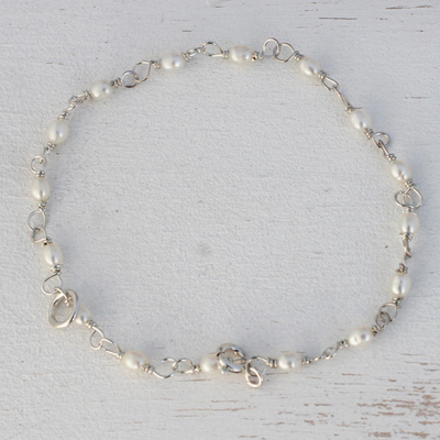Cultured pearl link bracelet, 'Snowdrops' - Cultured Pearl and Sterling Silver Link Bracelet