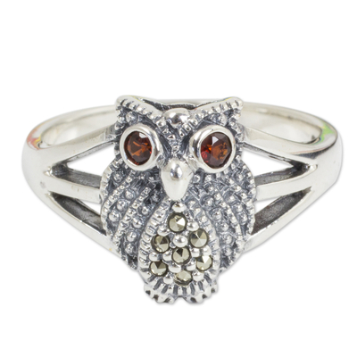 Marcasite and garnet cocktail ring, 'Little Owl' - Thai Garnet and Marcasite Sterling Silver Cocktail Ring