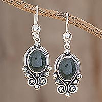 Jade dangle earrings, 'Praise Love' - Hand Crafted Sterling Silver Good Luck Jade Dangle Earrings