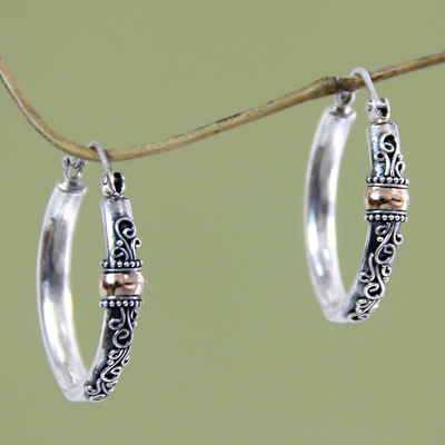 Gold accent hoop earrings, 'Floral Tendrils' - Hand Crafted Sterling Silver and 18k Gold Hoop Earrings