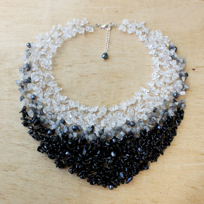 Pearl cluster necklace, 'Milky Way' - Artisan Crafted Beaded Tourmalinated Quartz Necklace