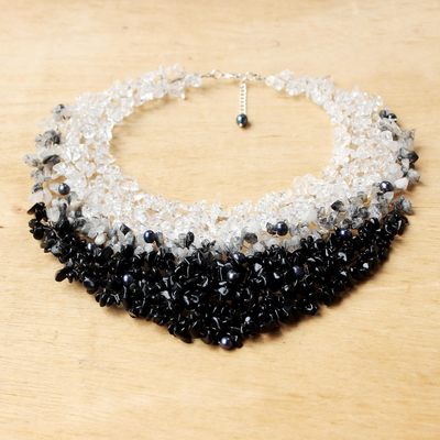 Pearl cluster necklace, 'Milky Way' - Artisan Crafted Beaded Tourmalinated Quartz Necklace