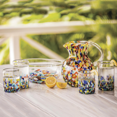 Blown glass tumblers, 'Confetti Festival' (set of 5) - Handblown Recycled Glass Tumbler Drinkware (Set of 5)