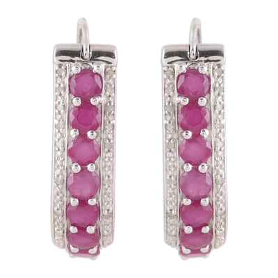 Ruby and diamond hoop earrings, 'Jaipur Majesty' - Indian Ruby and White Topaz Sterling Silver Hoop Earrings