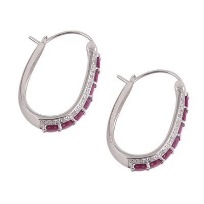 Ruby and diamond hoop earrings, 'Jaipur Majesty' - Indian Ruby and White Topaz Sterling Silver Hoop Earrings