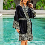 Indonesian Floral Patterned Black and White Short Robe, 'Midnight Rose'