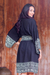 Short rayon batik robe, 'Midnight Rose' - Indonesian Floral Patterned Black and White Short Robe (image 2b) thumbail