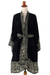 Short rayon batik robe, 'Midnight Rose' - Indonesian Floral Patterned Black and White Short Robe (image 2d) thumbail