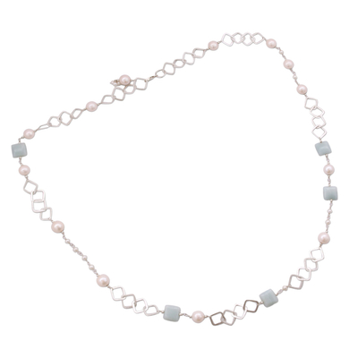 Pearl and blue chalcedony long necklace, 'Innovate' - Pearl Chalcedony and Sterling Silver Necklace from India