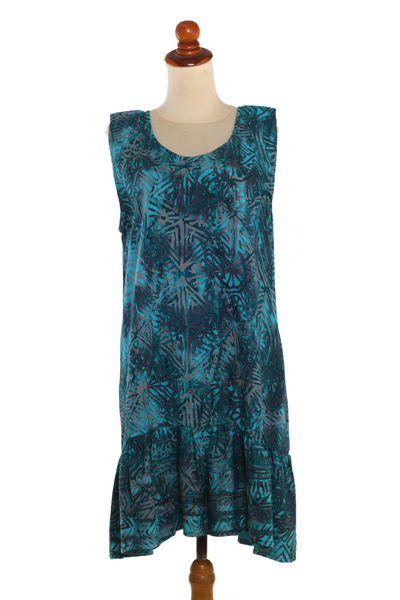 Batik rayon shift dress, 'Turquoise Glyphs' - Sleeveless Rayon Batik Shift Dress in Turquoise Print