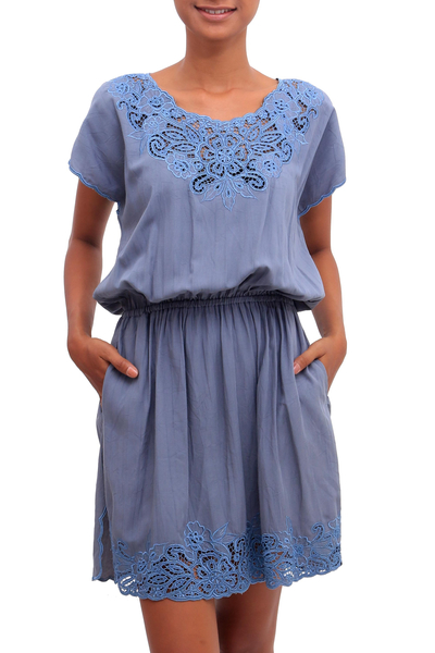 Rayon minidress, 'Blue Spruce Kusuma' - Floral Embroidered Rayon Minidress in Blue from Bali