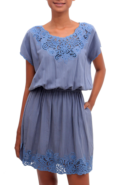 Rayon minidress, 'Blue Spruce Kusuma' - Floral Embroidered Rayon Minidress in Blue from Bali