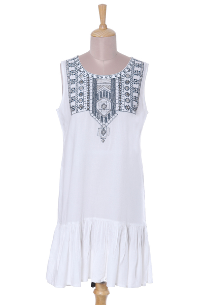 White and Navy Beaded Embroidered Sleeveless Dress