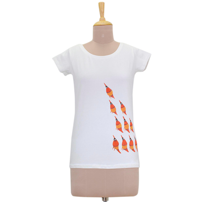 Cotton blend Madhubani t-shirt, 'Flight of Fantasy' - White Cotton Blend T-Shirt with Madhubani Bird Design
