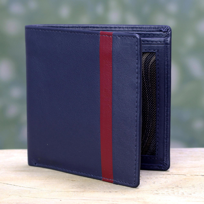 Men's leather wallet, 'Blue Vitality' - Men's Handcrafted Red Accent Navy Blue Leather Wallet