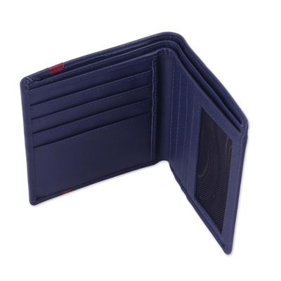 Men's leather wallet, 'Blue Vitality' - Men's Handcrafted Red Accent Navy Blue Leather Wallet