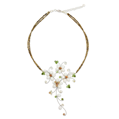 Cultured pearl and peridot flower necklace, 'Refinement' - Handmade White Pearl and Peridot Floral Necklace
