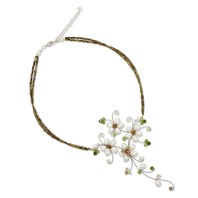 Cultured pearl and peridot flower necklace, 'Refinement' - Handmade White Pearl and Peridot Floral Necklace