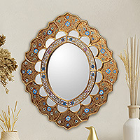 Reverse painted glass mirror, 'Sweet Flower Majesty' - Reverse Painted Glass Mirror Wall Decor from the Andes