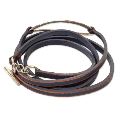 Leather wrap bracelet, 'Palau Dewata in Charcoal' - Gray Leather Wrap Bracelet with Silver Plated Pendant