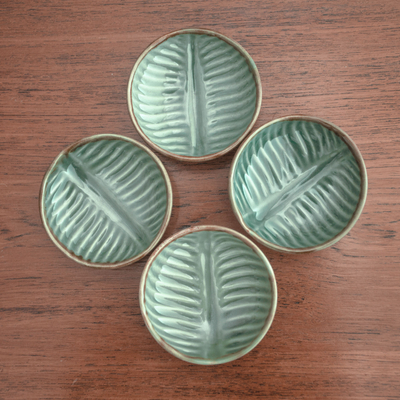 Ceramic condiment bowls, 'Banana Vibes' (set of 4) - Ceramic Banana Leaf Condiment Bowls (Set of 4)