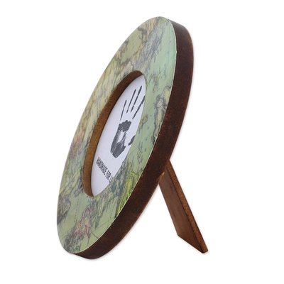 Wood photo frame, 'Green Map' (4 inch) - Round Laminated Wood Photo Frame of a Green Map (4 Inch)