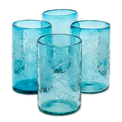 Etched glasses, 'Aquamarine Flowers' (set of 4) - Mexican Handblown Glass Recycled Blue Tumblers (Set of 4)