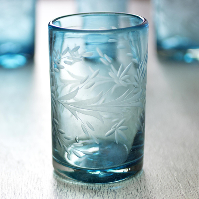 Etched glasses, 'Aquamarine Flowers' (set of 4) - Mexican Handblown Glass Recycled Blue Tumblers (Set of 4)