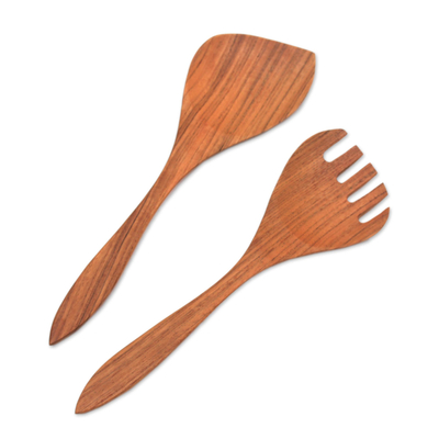 Teak wood serving utensils, 'Salad Serenade' (pair) - Teak Wood Serving Utensils (Pair)