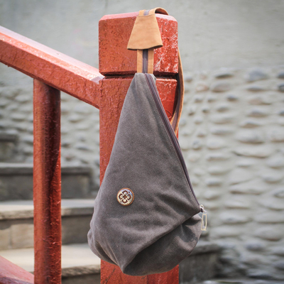 Leather accent cotton backpack bag, 'Arequipa Style' - Leather Accent Brown Cotton Backpack Purse from Peru